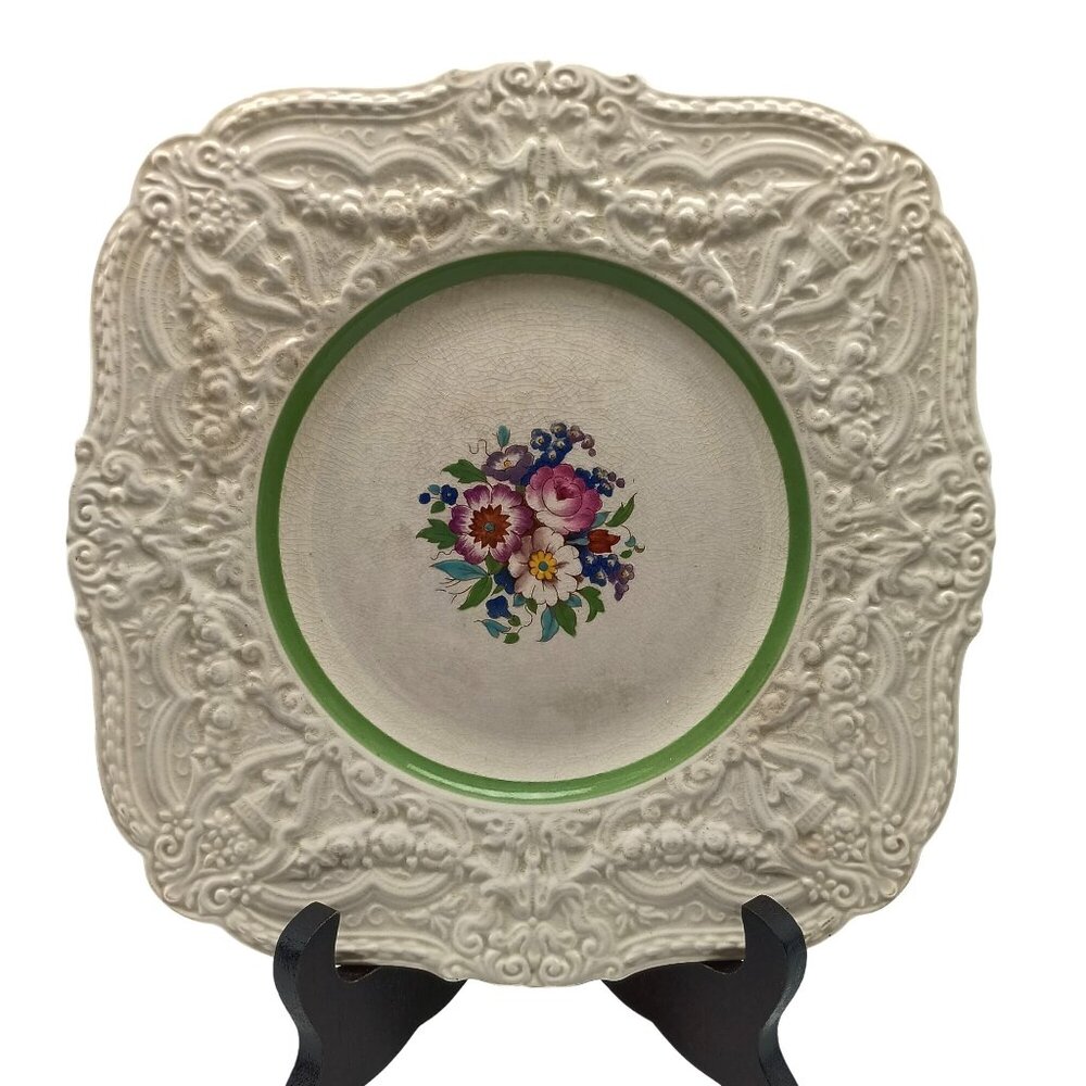 Vintage Square Luncheon Plate Set of 3 Royal Cauldon Floral Center Green Trim